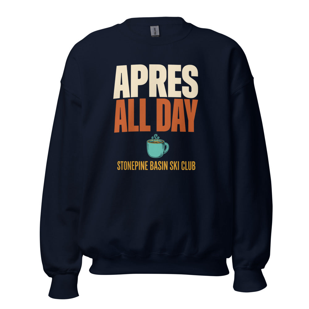 Après All Day Stonepine Basin Ski Club retro apres-ski crewneck sweatshirt — Navy, front