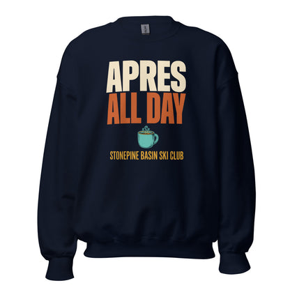Après All Day Stonepine Basin Ski Club retro apres-ski crewneck sweatshirt — Navy, front