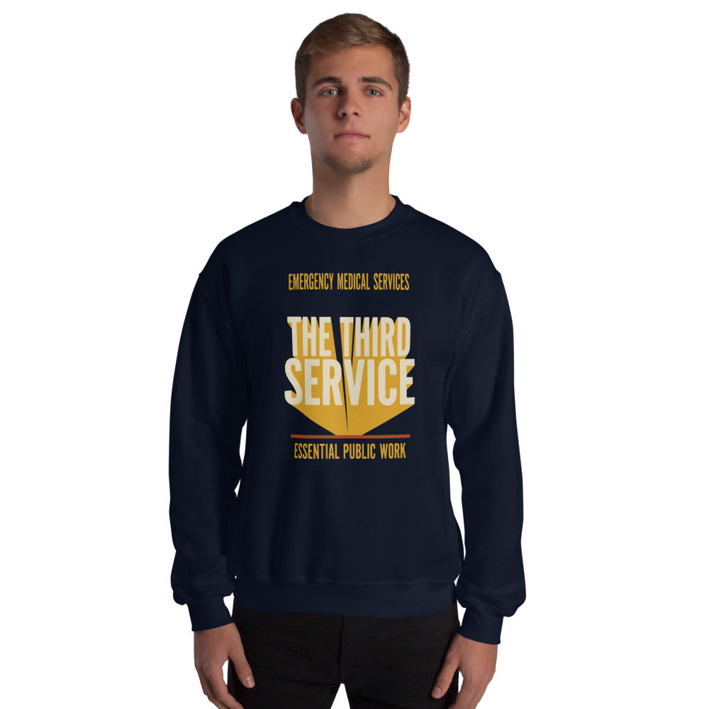 The Third Service EMS crewneck sweatshirt — Navy, on model