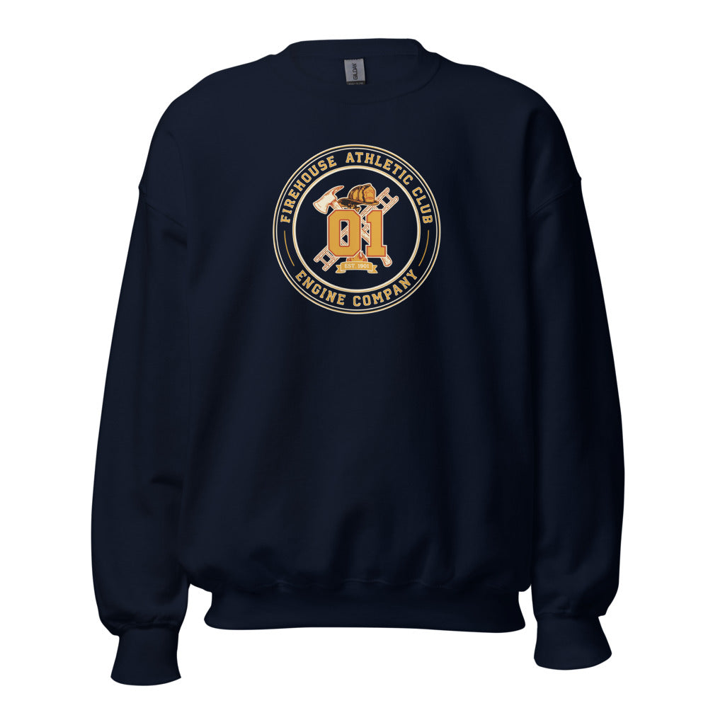 Firehouse Athletic Club retro firefighter emblem crewneck sweatshirt — Navy, front