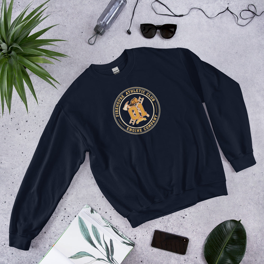 Firehouse Athletic Club retro firefighter emblem crewneck sweatshirt — Navy, flat lay
