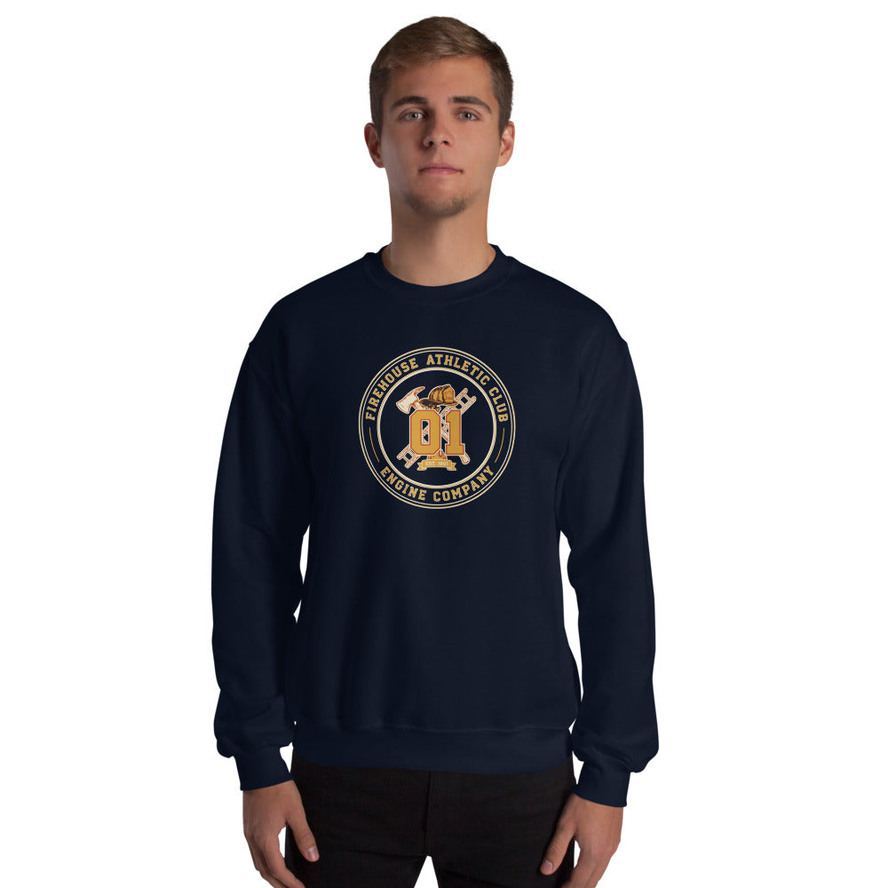 Firehouse Athletic Club retro firefighter emblem crewneck sweatshirt — Navy, on model