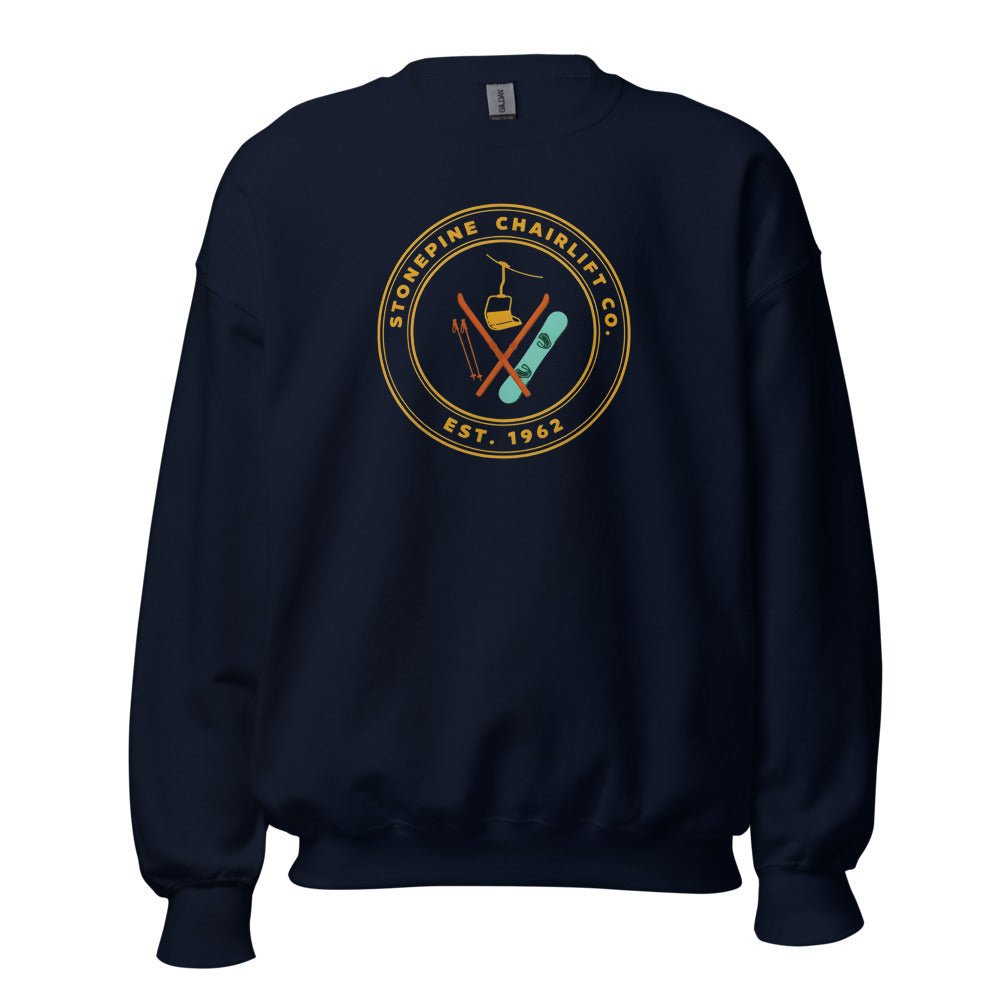 Stonepine Chairlift Co. retro vintage ski club badge crewneck sweatshirt — Navy, front