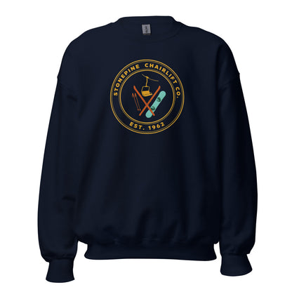 Stonepine Chairlift Co. retro vintage ski club badge crewneck sweatshirt — Navy, front