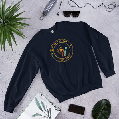 Stonepine Chairlift Co. retro vintage ski club badge crewneck sweatshirt — Navy, flat lay