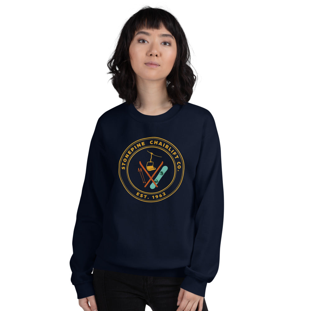 Stonepine Chairlift Co. retro vintage ski club badge crewneck sweatshirt — Navy, on model