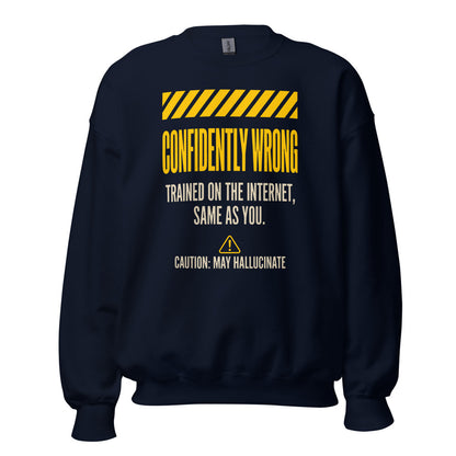 Confidently Wrong AI hazard-label crewneck sweatshirt — Navy, front