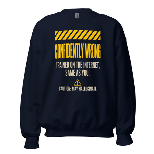 Confidently Wrong AI hazard-label crewneck sweatshirt — Navy, front