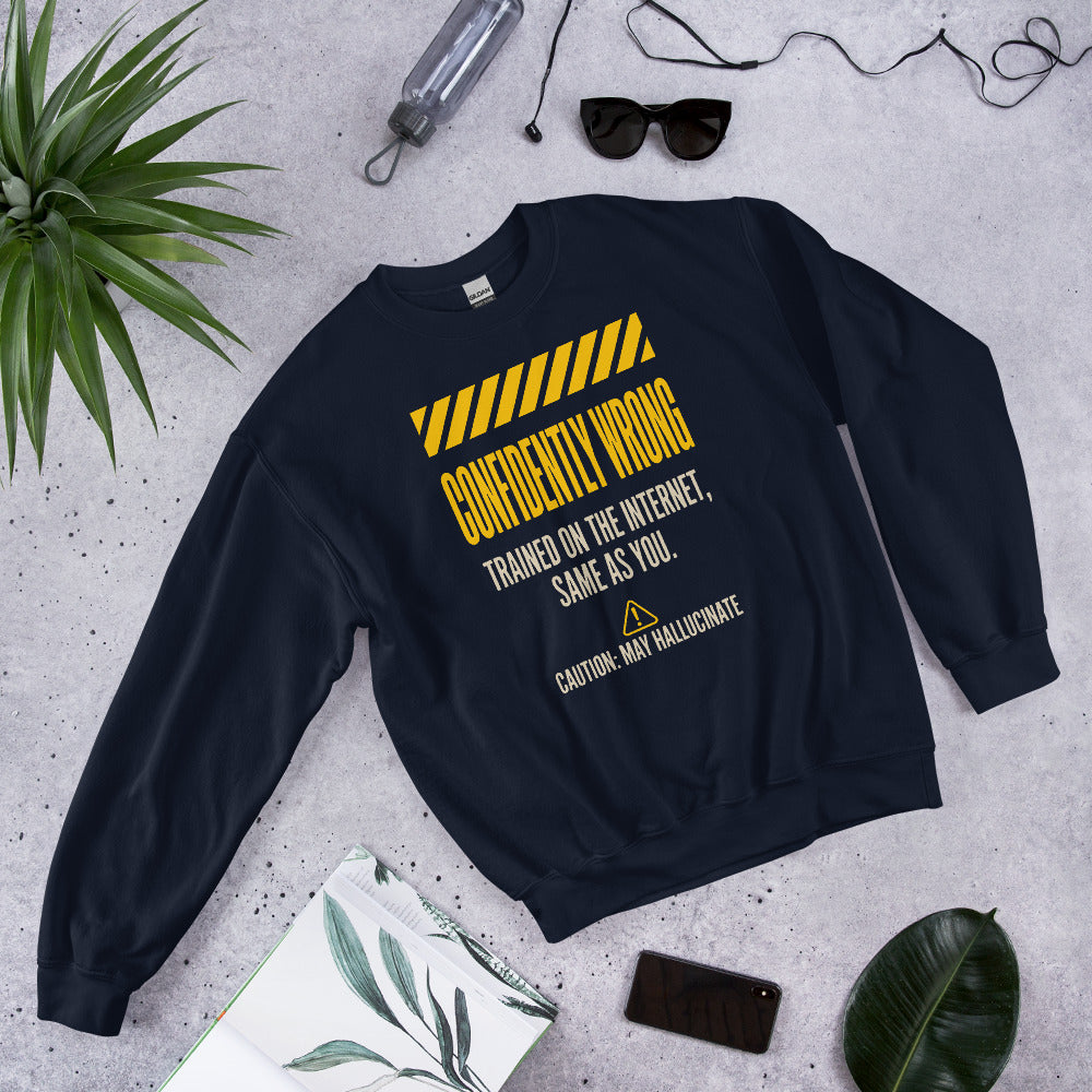 Confidently Wrong AI hazard-label crewneck sweatshirt — Navy, flat lay