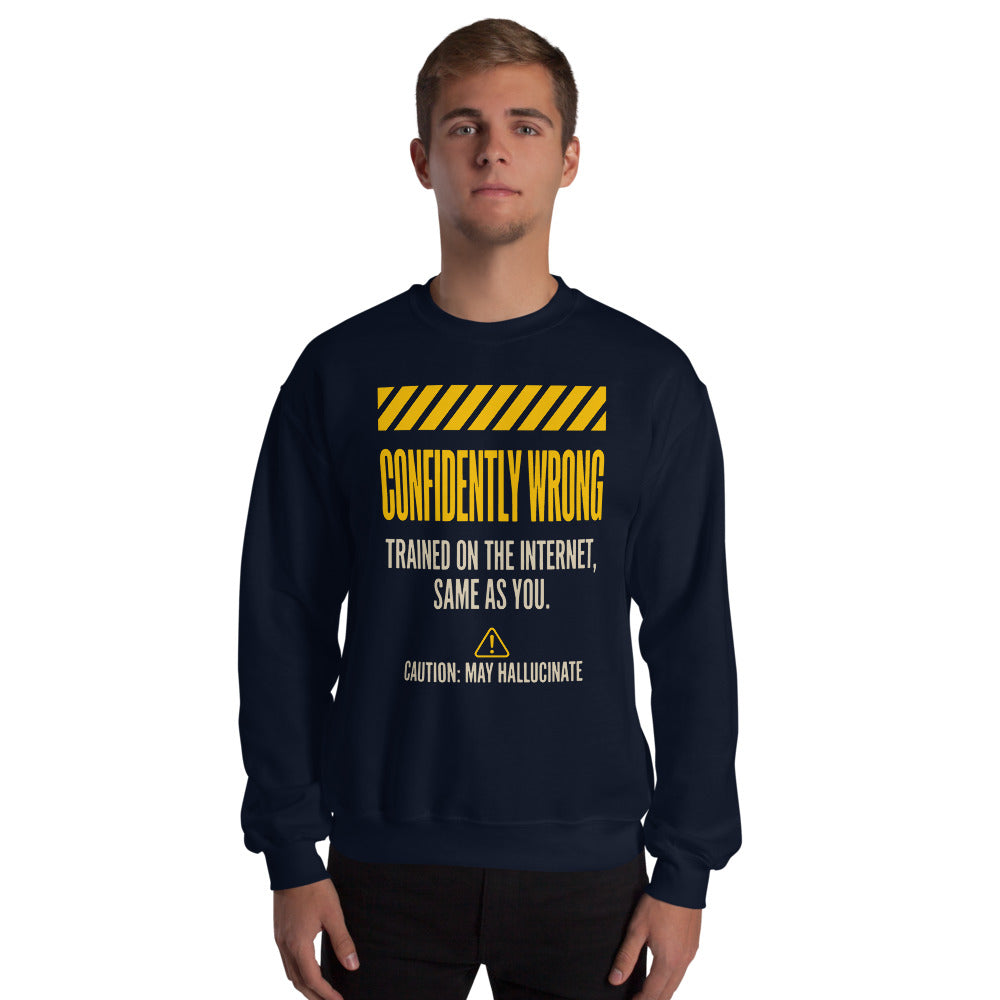 Confidently Wrong AI hazard-label crewneck sweatshirt — Navy, on model