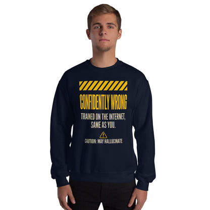 Confidently Wrong AI hazard-label crewneck sweatshirt — Navy, on model