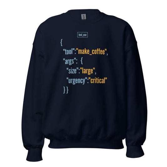 Tool Call Make Coffee AI engineer crewneck sweatshirt — Navy, front