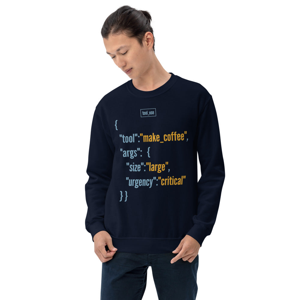 Tool Call Make Coffee AI engineer crewneck sweatshirt — Navy, on model