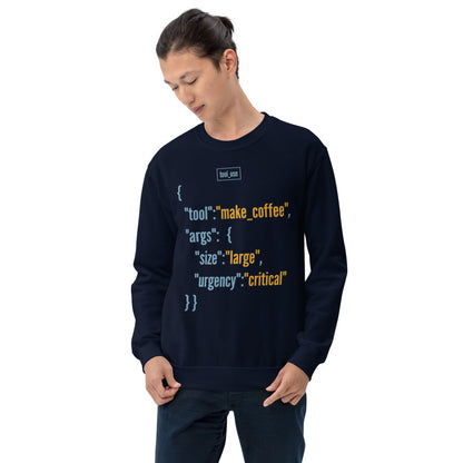 Tool Call Make Coffee AI engineer crewneck sweatshirt — Navy, on model