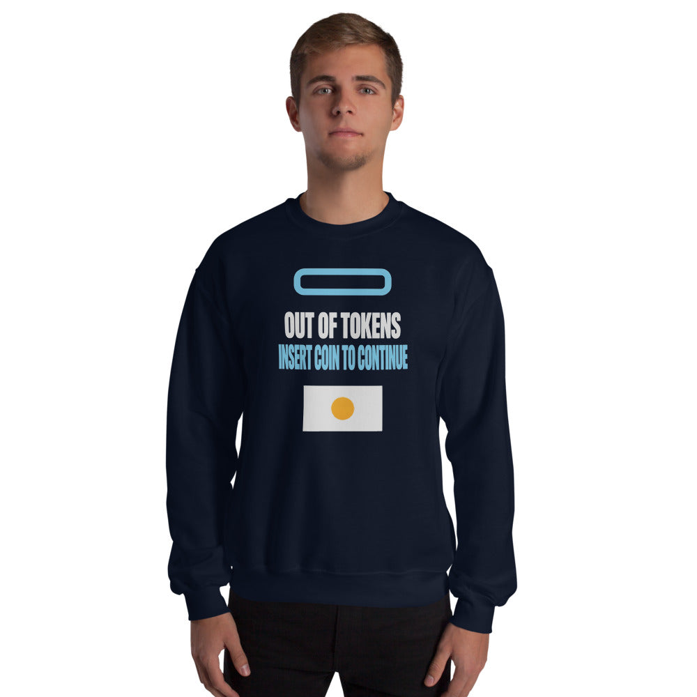 Insert Coin To Continue out of tokens crewneck sweatshirt — Navy, on model
