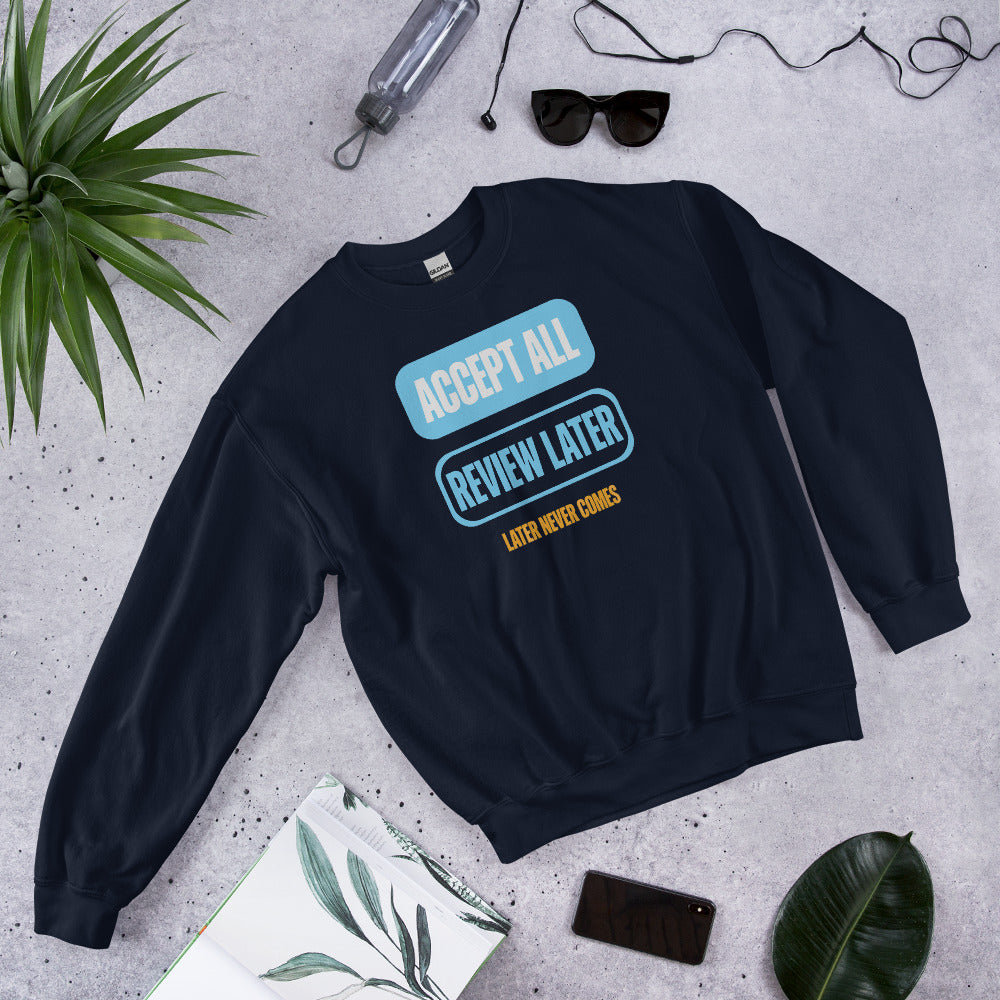 Accept All Review Later crewneck sweatshirt — Navy, flat lay