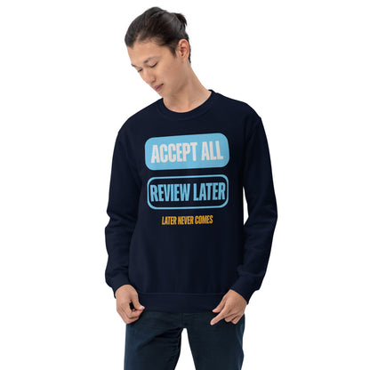 Accept All Review Later crewneck sweatshirt — Navy, on model