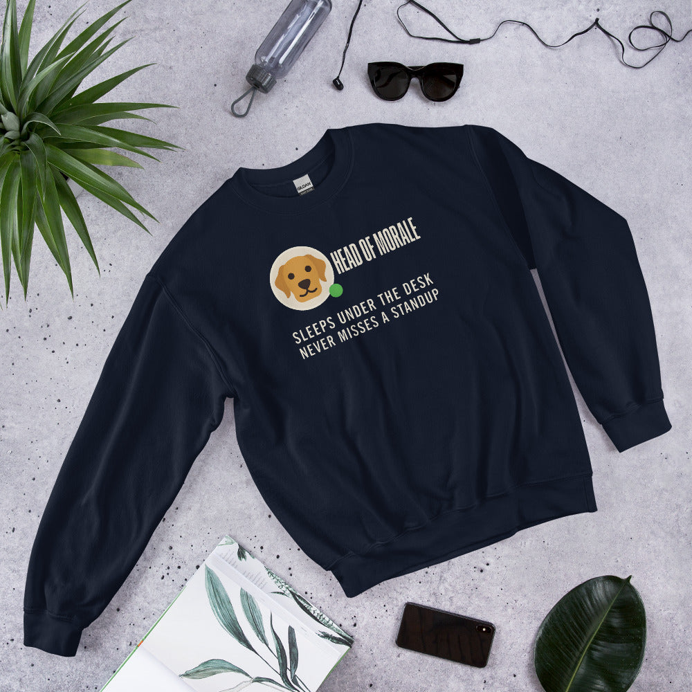 Head of Morale dog profile card crewneck sweatshirt — Navy, flat lay
