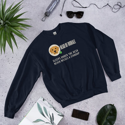 Head of Morale dog profile card crewneck sweatshirt — Navy, flat lay