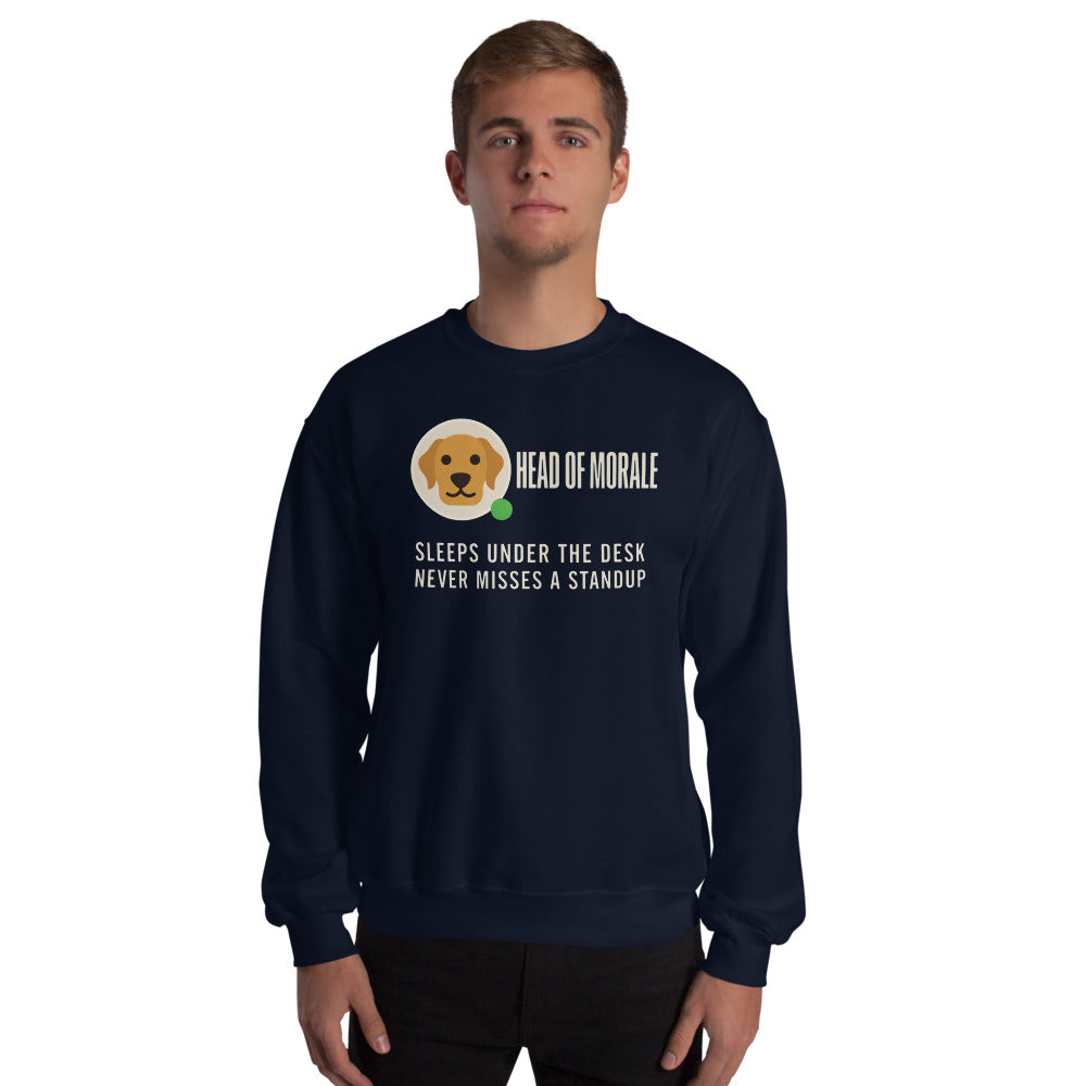 Head of Morale dog profile card crewneck sweatshirt — Navy, on model