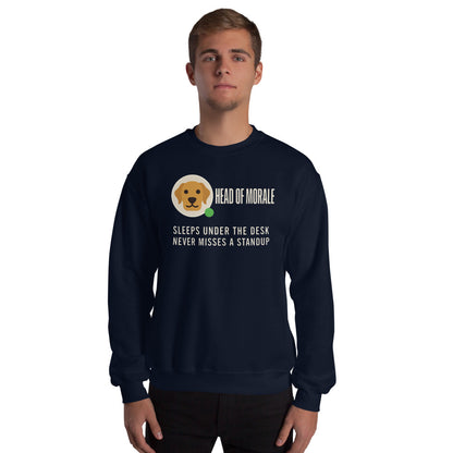 Head of Morale dog profile card crewneck sweatshirt — Navy, on model