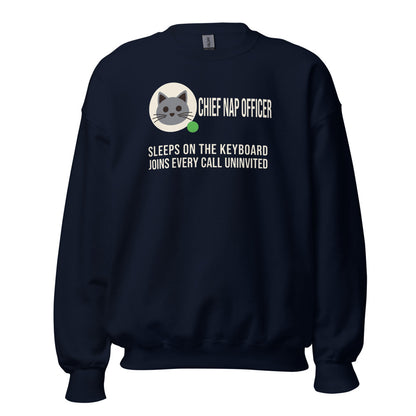 Chief Nap Officer cat profile card crewneck sweatshirt — Navy, front