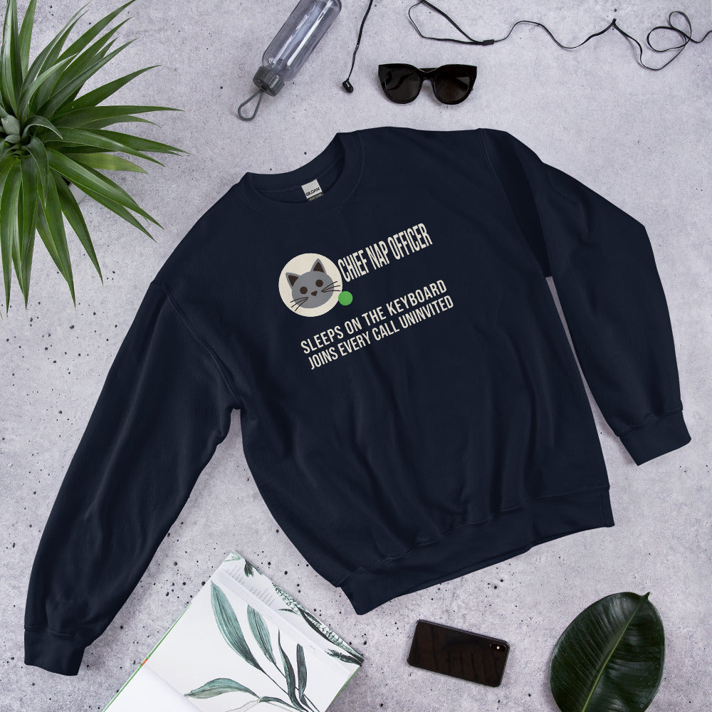 Chief Nap Officer cat profile card crewneck sweatshirt — Navy, flat lay