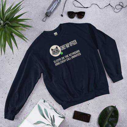 Chief Nap Officer cat profile card crewneck sweatshirt — Navy, flat lay