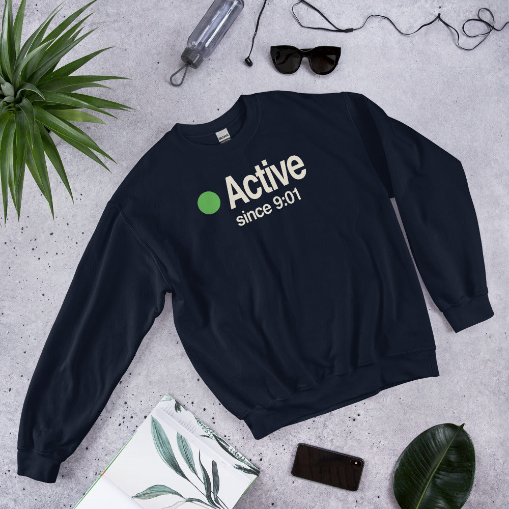 Active Since 9:01 presence status crewneck sweatshirt — Navy, flat lay