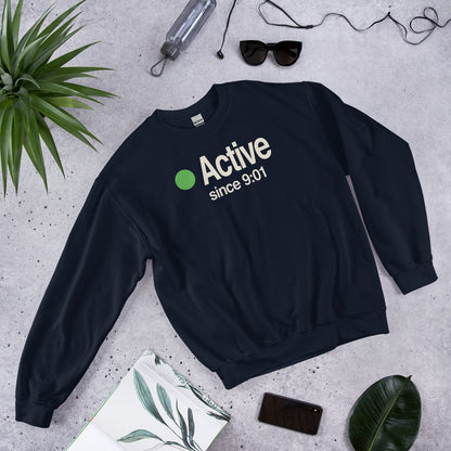Active Since 9:01 presence status crewneck sweatshirt — Navy, flat lay