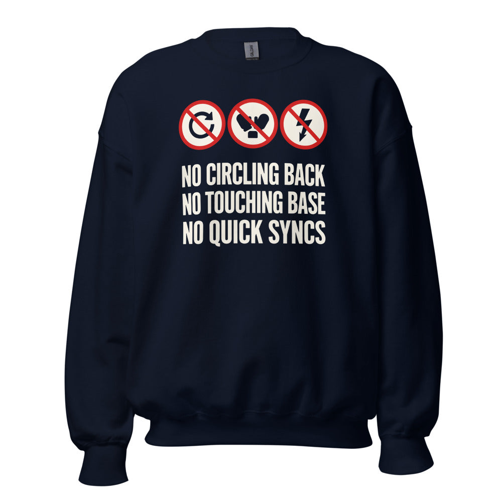 No Circling Back corporate jargon prohibition signs crewneck sweatshirt — Navy, front