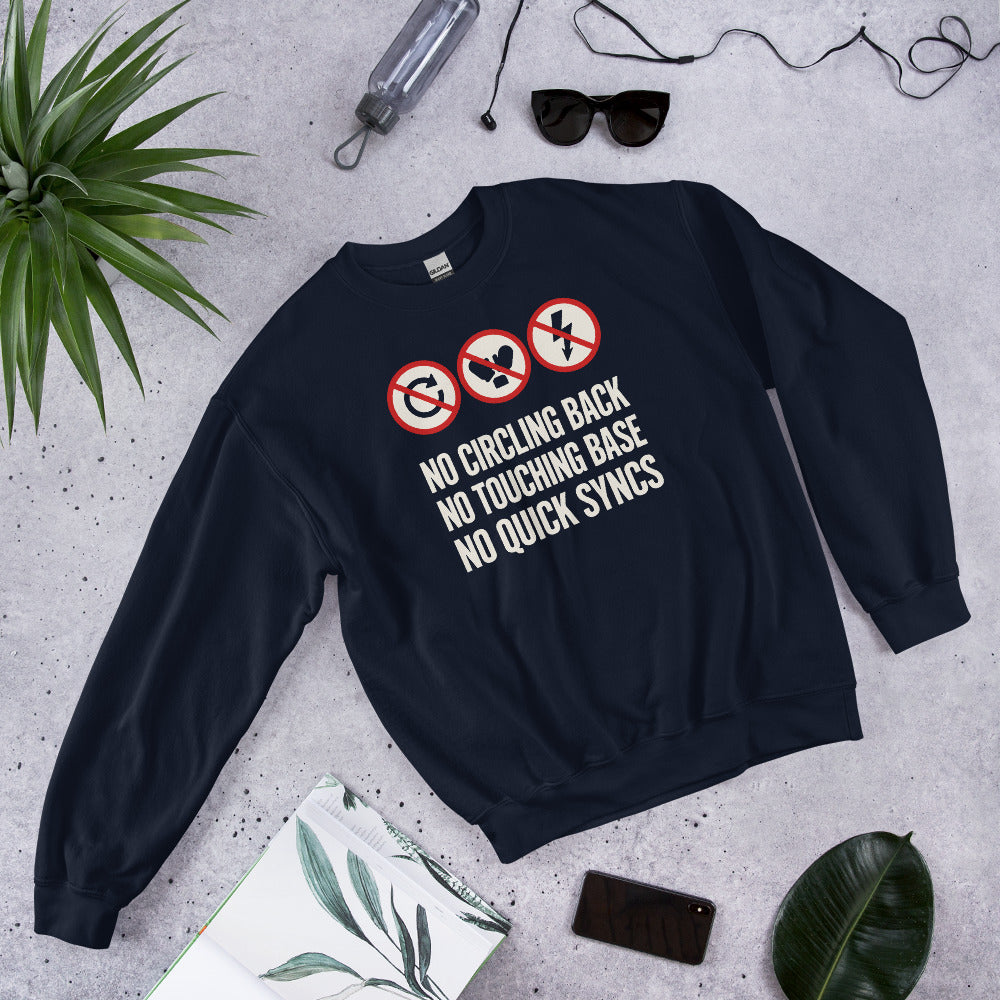 No Circling Back corporate jargon prohibition signs crewneck sweatshirt — Navy, flat lay