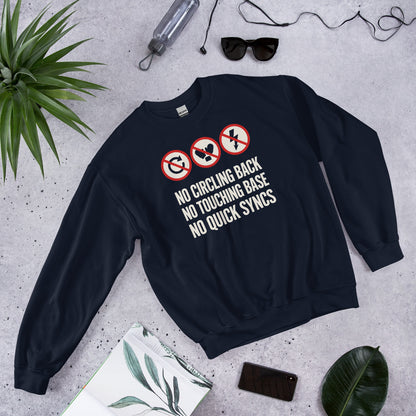 No Circling Back corporate jargon prohibition signs crewneck sweatshirt — Navy, flat lay
