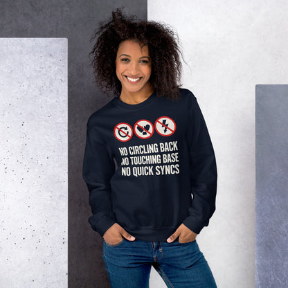 No Circling Back corporate jargon prohibition signs crewneck sweatshirt — Navy, on model
