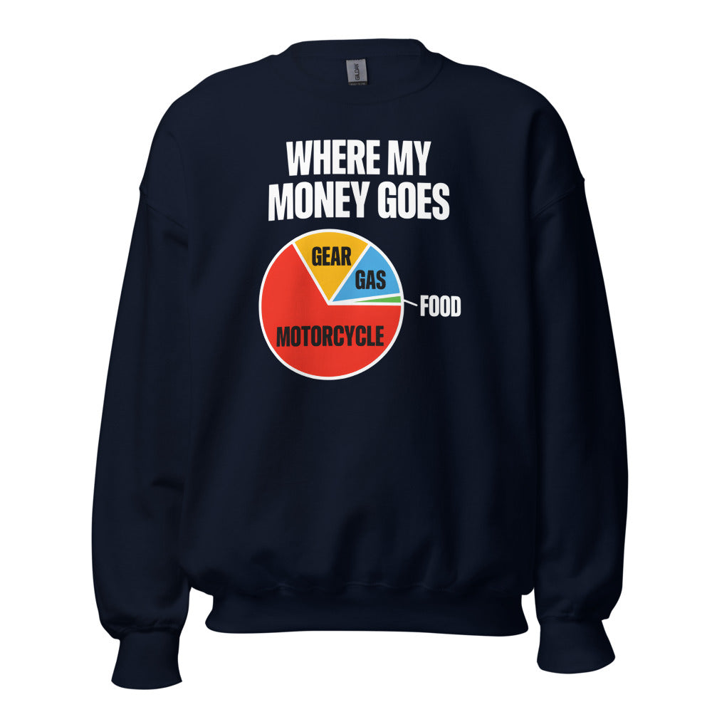 Where My Money Goes funny motorcycle crewneck sweatshirt — Navy, front