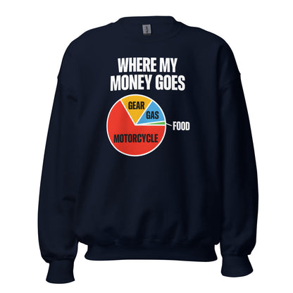 Where My Money Goes funny motorcycle crewneck sweatshirt — Navy, front