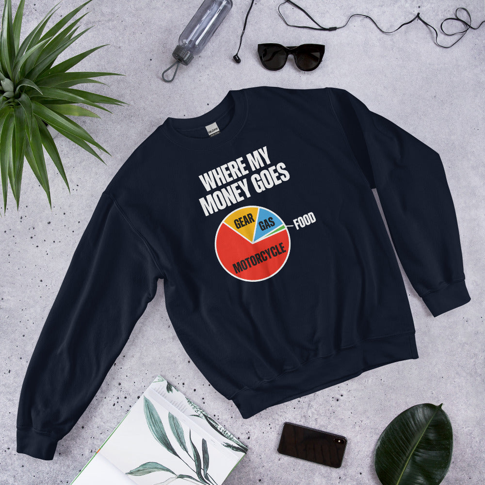 Where My Money Goes funny motorcycle crewneck sweatshirt — Navy, flat lay