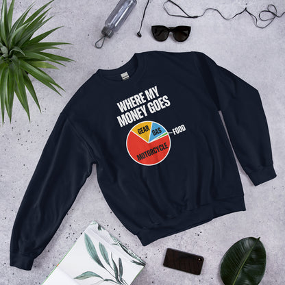 Where My Money Goes funny motorcycle crewneck sweatshirt — Navy, flat lay