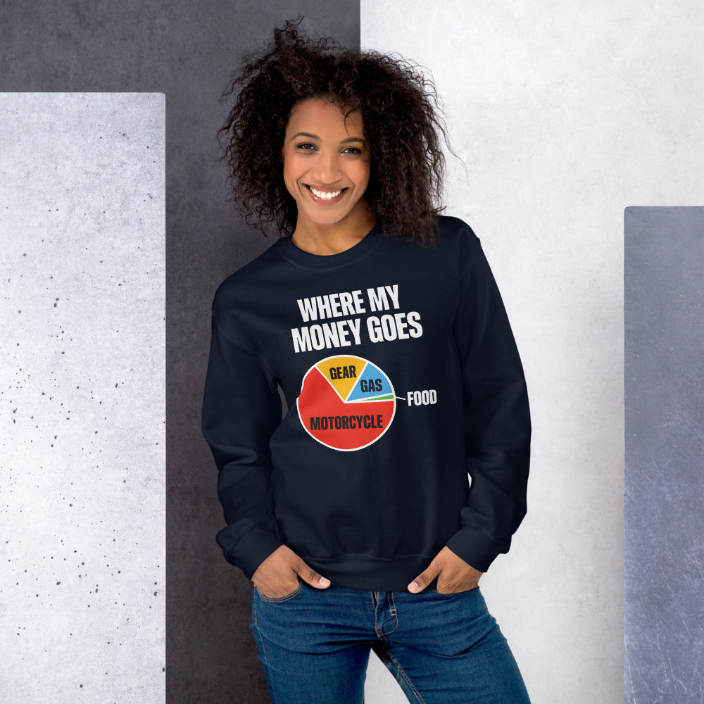 Where My Money Goes funny motorcycle crewneck sweatshirt — Navy, on model