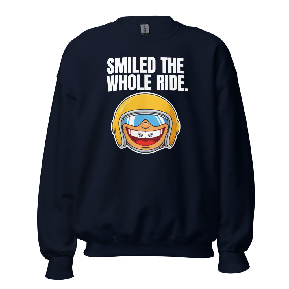 Smiled The Whole Ride funny motorcycle crewneck sweatshirt — Navy, front