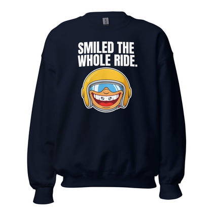 Smiled The Whole Ride funny motorcycle crewneck sweatshirt — Navy, front