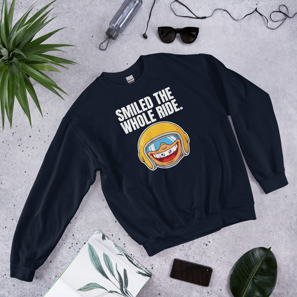 Smiled The Whole Ride funny motorcycle crewneck sweatshirt — Navy, flat lay