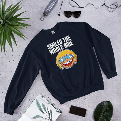 Smiled The Whole Ride funny motorcycle crewneck sweatshirt — Navy, flat lay