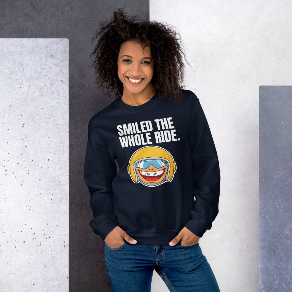 Smiled The Whole Ride funny motorcycle crewneck sweatshirt — Navy, on model