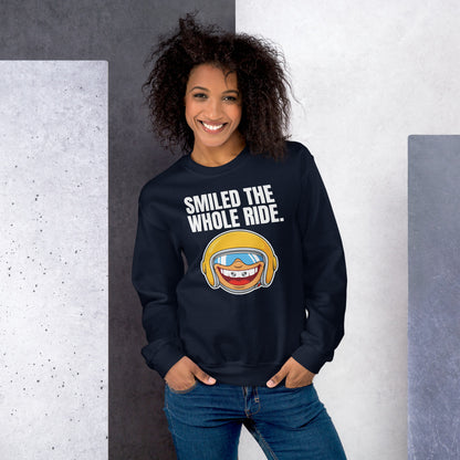 Smiled The Whole Ride funny motorcycle crewneck sweatshirt — Navy, on model