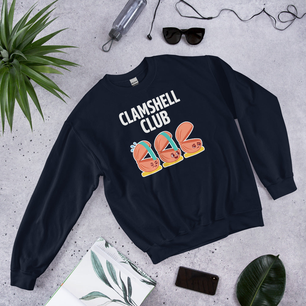 Clamshell Club funny physical therapy crewneck sweatshirt — Navy, flat lay