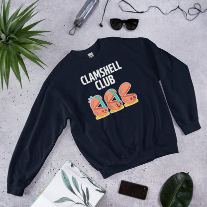 Clamshell Club funny physical therapy crewneck sweatshirt — Navy, flat lay