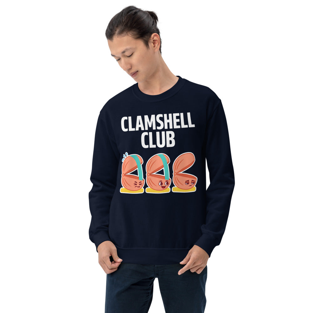 Clamshell Club funny physical therapy crewneck sweatshirt — Navy, on model