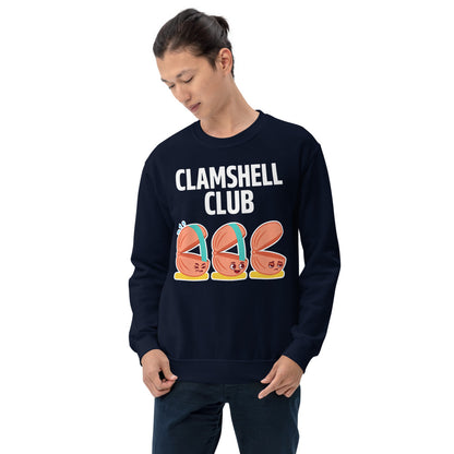 Clamshell Club funny physical therapy crewneck sweatshirt — Navy, on model