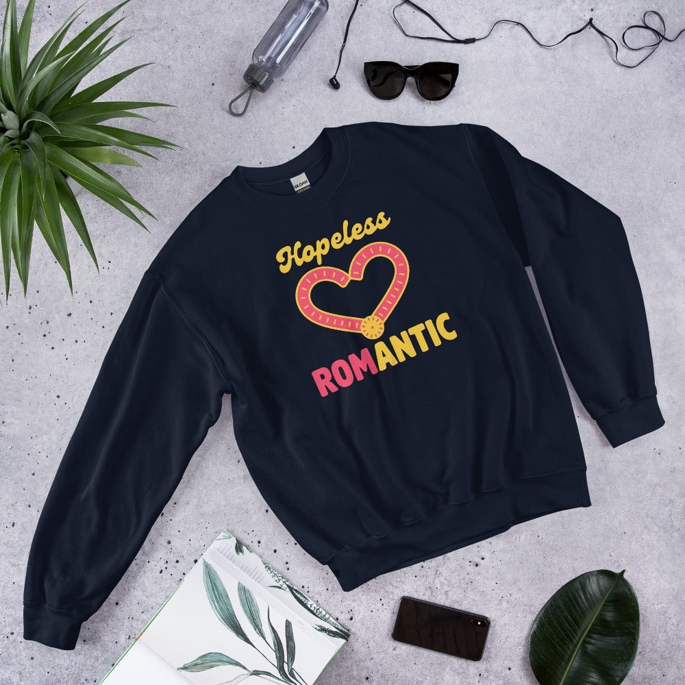 Hopeless ROMantic funny physical therapy crewneck sweatshirt — Navy, flat lay